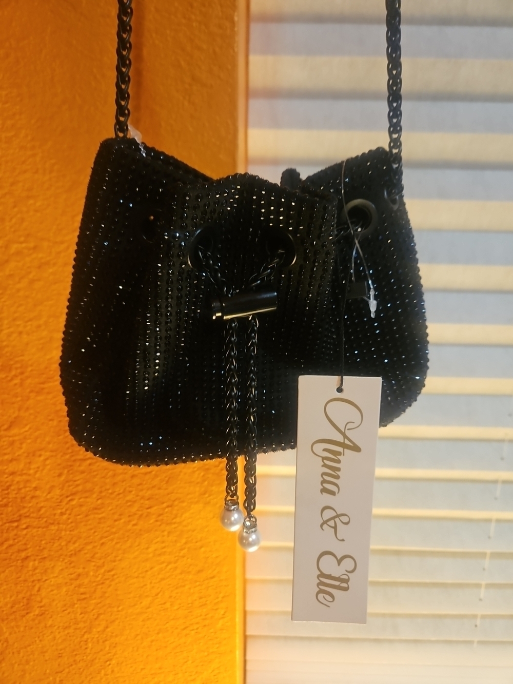 Black Beaded Mini Drawstring Shoulder Bag